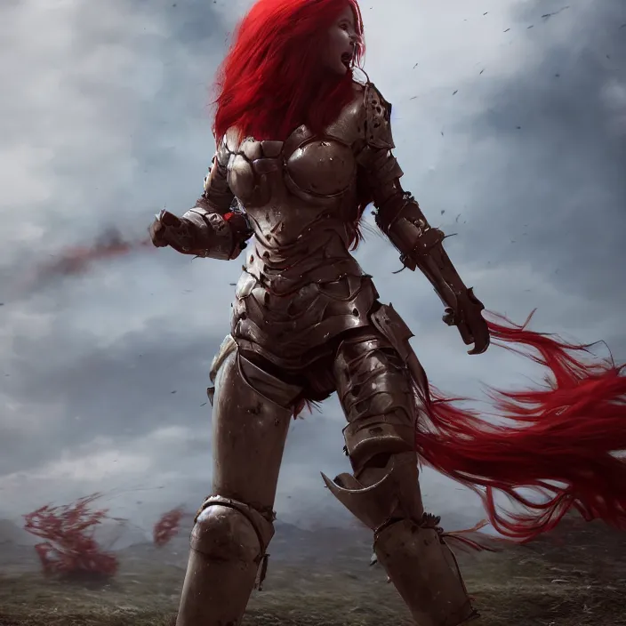 Image similar to a girl with a long red hair wearing a full-body red plate armor screaming in a battlefield, anatomically correct, hyperrealistic, concept art, octane render, unreal engine 5, 8K HDR, highly detailed, high quality, fantasy armor