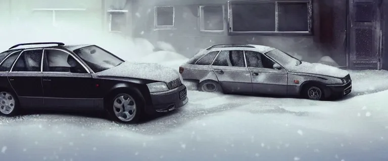 Image similar to Audi A4 B6 Avant (2002), a gritty neo-noir, dramatic lighting, cinematic, eerie person, death, homicide, homicide in the snow, viscera splattered, gunshots, bullet holes, establishing shot, extremely high detail, cracked windows, photorealistic, arson, makeshift grave, cinematic lighting, artstation, by simon stalenhag, Max Payne (PC) (2001) winter New York at night, In the style of Max Payne 1 graphic novel, flashing lights, Poets of the Fall - Late Goodbye