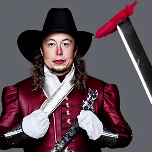 Image similar to photo of elon musk as a musketeer, he has a big black hat with a red feather, he is holding a shiny rapier sword and he is looking straight to the camera, studio lighting