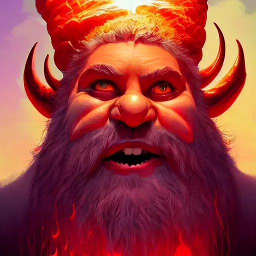 Image similar to Portrait of an evil old god, fire beard, golden eyes, huge horns, mattepainting concept Blizzard pixar maya engine on stylized background splash comics global illumination lighting artstation lois van baarle, ilya kuvshinov, rossdraws