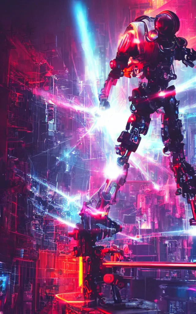 Image similar to Cybernetic Pope shooting bright lasers, 80s, science fiction, cyberpunk, neon, low angle shot, cross, pope, movie poster, futuristic