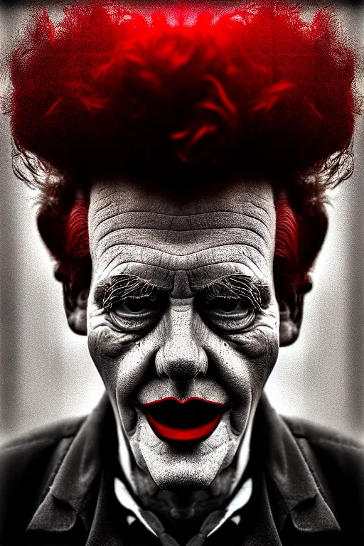 Prompt: DALL·E 2022-07-29 10.19.10 - dramatic portrait of ronald mcdonald by lee jeffries, synthwave digital art, best on artstation