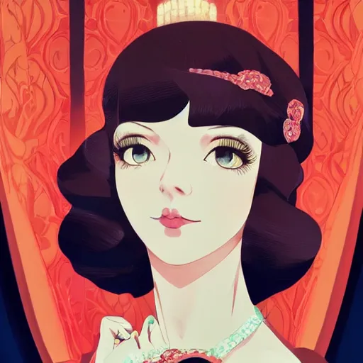 Image similar to portrait of a beautiful girl with dark hair dressed in 1920's art deco fashion, speakeasy bar background, rich vivid colors, mood lighting, ambient lighting, dynamic lighting, 4k, official media, anime key visual, makoto shinkai, ilya kuvshinov, lois van baarle, rossdraws, detailed, trending on artstation