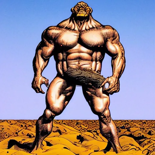 Prompt: muscular monster mutant against a solid white backdrop, [ art by richard corben ]