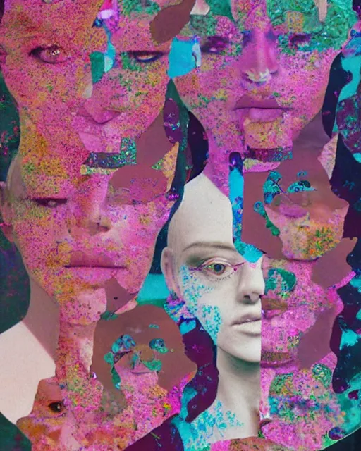 Prompt: different women's faces, cut and paste collage, glitched flowers, mutated color, ripple effect, 1 9 6 0 s elements, water stains, different emotions