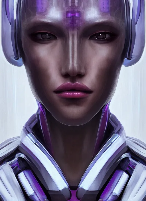 Image similar to beautiful portrait of an alien cyborg, style of Feng Zhu, Artstation geometric, aesthetic, smooth skin, unique features, symmetrical, intricate crown, high fashion, streetwear, cyberpunk, detailed, octane render, cinematic, 8k, purple skin, brown skin