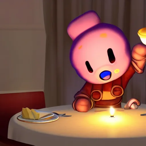 Prompt: kirby at dinner table with companion cube from portal, romantic, candlelight, realistic, source engine