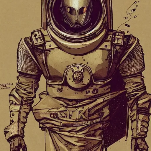 Prompt: A knights templar wearing a space suit. concept art, pen and ink, intricate line drawings, by John Harris, Emil Melmoth, Craig Mullins, yoji shinkawa, artstation, moebius comic, Marc Simonetti, lan McQue, Kentaro, Miura, hyper detailed, cinematic