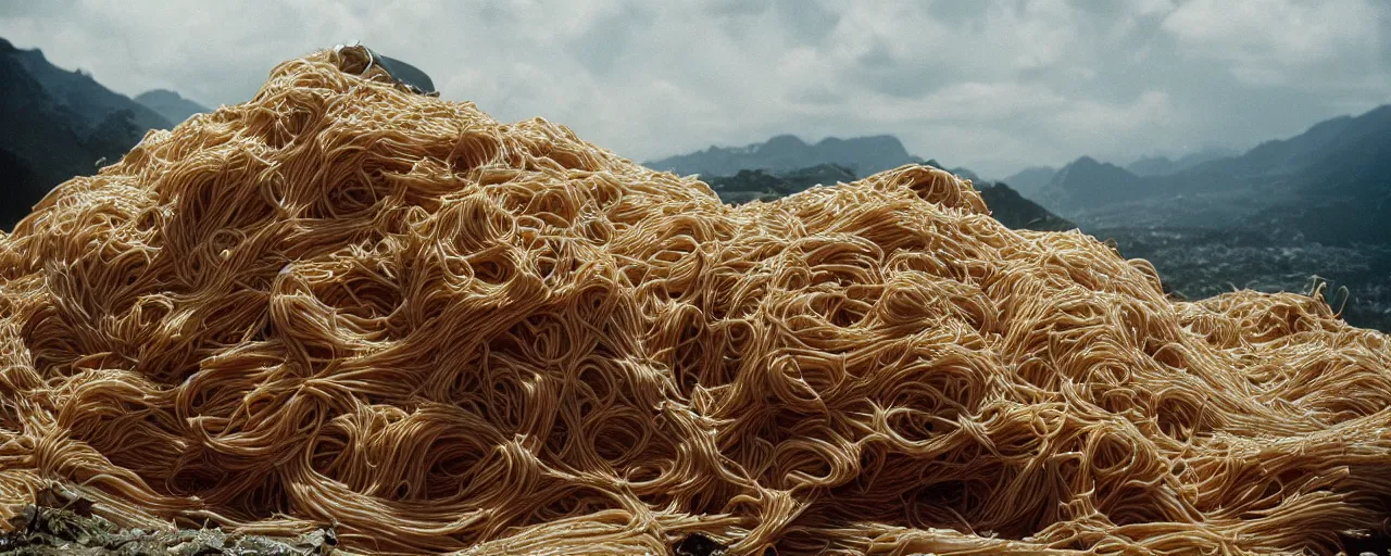 Image similar to a plane crashed into a mountain of spaghetti, world war 2, cloudy, small details, intricate, canon 5 0 mm, high detail, intricate, cinematic lighting, photography, wes anderson, film, kodachrome