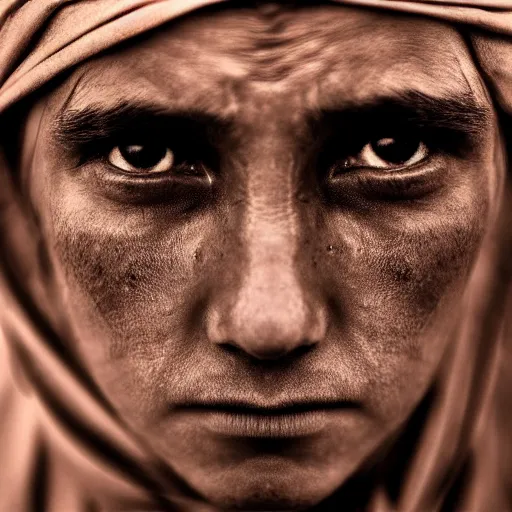 Prompt: Award Winning Portrait of a Bedouin Nomad with beautiful eyes by Lee Jeffries, 85mm ND 5, perfect lighting