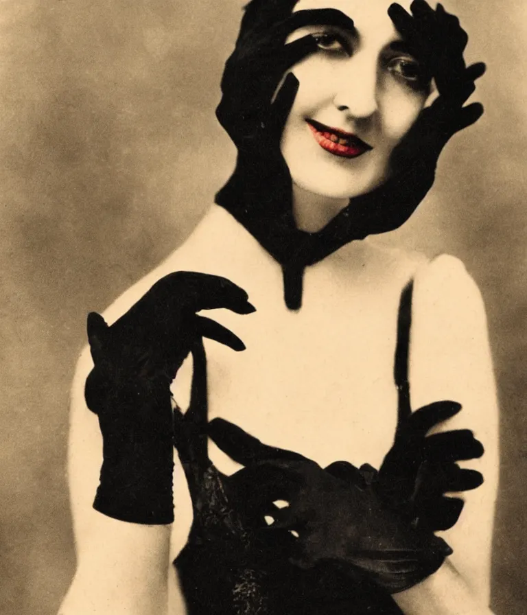 Prompt: close - up antique grainy colored photo of a 1 9 2 0 s short - haired flapper woman in black satin gloves looking and smirking seductively at the camera, in a crowded dimly lit speakeasy bar, jazz age, cohesive, 5 0 mm photography, precise, cinematic, low - lighting, photography