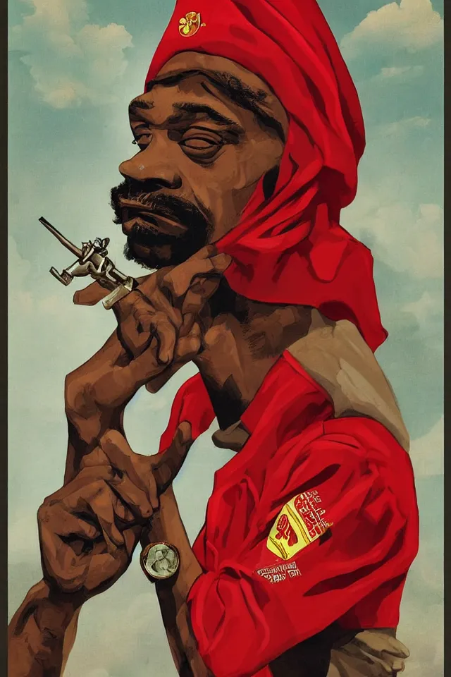 Image similar to an epic socialist realism poster of communist snoop dogg in a red beret smoking a blunt for the proletariat