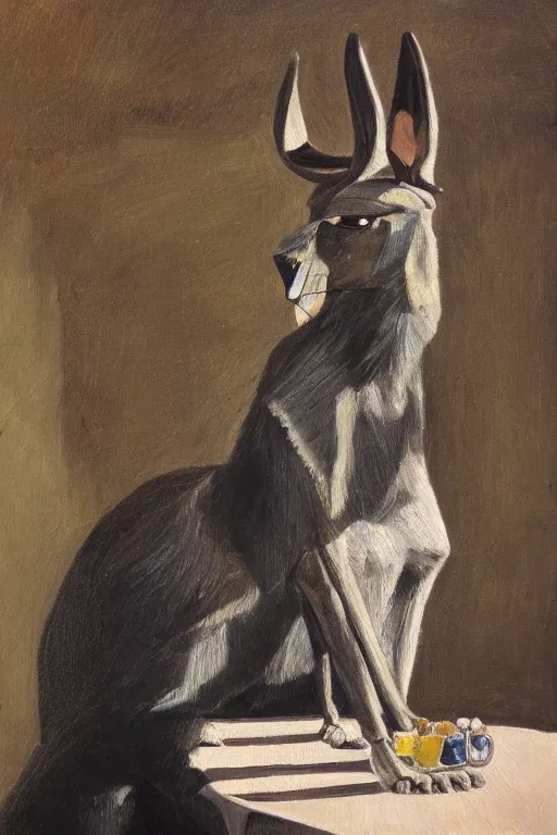Prompt: portrait of Anubis sitting at a table, oil painting by wilson mclean, sharp focus, masterpiece, highly detailed