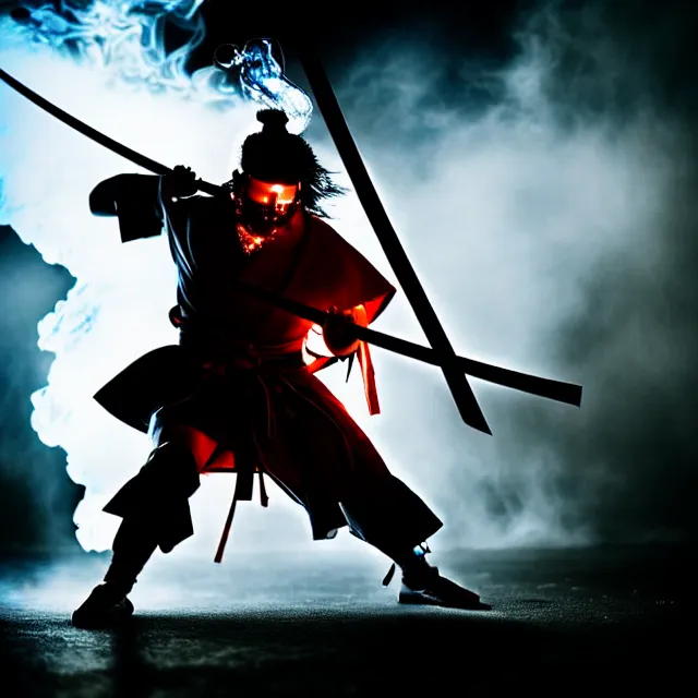 Prompt: cyber samurai fire dance slashing sword atomic, detailed bushido form smoke, fighting stance dark energy, shibuya prefecture, cinematic lighting, fog mist smoke, photorealistic, night photography by tomino - sama