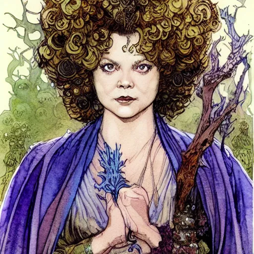 Prompt: a realistic and atmospheric watercolour fantasy character concept art portrait of adult shirley temple as a druidic warrior wizard looking at the camera with an intelligent gaze by rebecca guay, michael kaluta, charles vess and jean moebius giraud