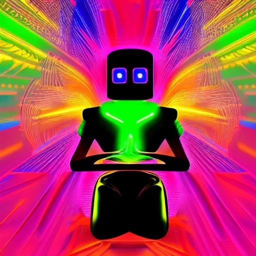 Image similar to fashion photo of a black tshirt with a hyperdetailed portrait of a futuristic trippy cute meditating robot, 8 k, symetrical, fluorescent colors, halluzinogenic, multicolored tshirt art,