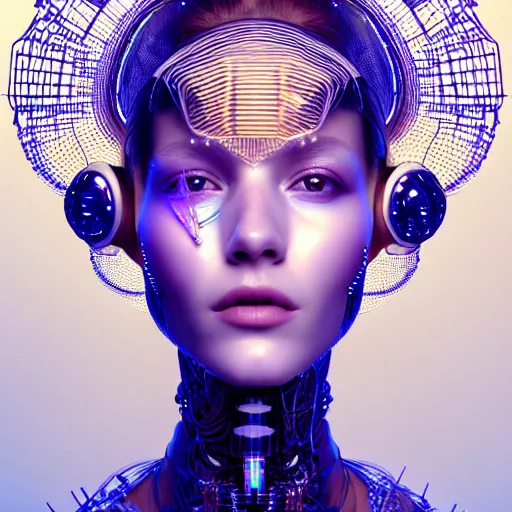 Image similar to portrait of an absurdly beautiful, graceful, sophisticated, fashionable cyberpunk mechanoid, hyperdetailed illustration by irakli nadar, matt wisniewski style, intricate linework, white porcelain skin, iridescent fractal headdress, day - glow face paint, jellyfish electronic collar, unreal engine 5 highly rendered, global illumination, radiant light, detailed and intricate environment