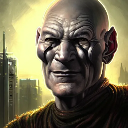 Prompt: portrait painting of a cyberpunk orc doctor who looks like patrick stewart with tusks, shadowrun, ultra realistic, concept art, intricate details, eerie, highly detailed, photorealistic, octane render, 8 k, unreal engine. art by artgerm and greg staples and elsa beskow and brian froud and jessica rossier