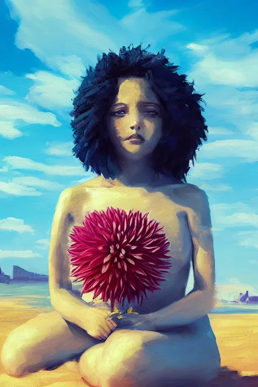 Image similar to closeup giant dahlia flower head, girl sitting on beach, surreal photography, blue sky, sunrise, dramatic light, impressionist painting, digital painting, artstation, simon stalenhag