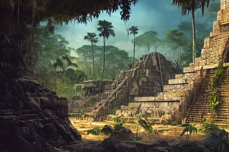Prompt: Brutalist mayan temple in the jungle, beautiful dynamic lighting, cinematic, wide angle establishing shot, extremely high detail, photo realistic, cinematic lighting, post processed, concept art, artstation, matte painting, style by eddie mendoza, raphael lacoste, alex ross