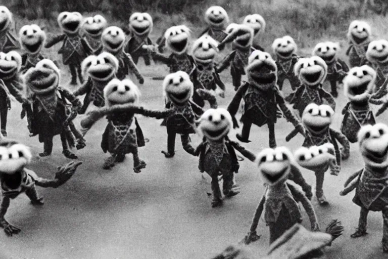 Image similar to a vintage photo of the Muppets storming Normandy