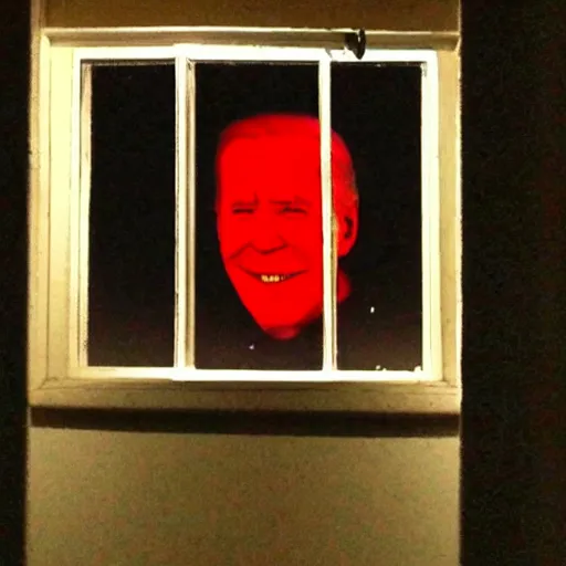 Image similar to dark setting, night time, I look at my window at night to see Joe Biden with red bloodshot eyes creepily staring through my window