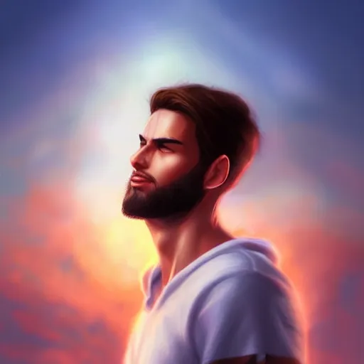 Image similar to young man with a light beard, beautiful sunset, high definition, concept art, digital painting, art station, sharp focus, art by artgerm