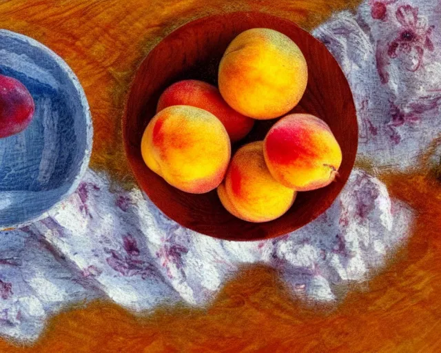 Prompt: three peaches, three apricots and three plums lie in a wooden bowl on a table with a red tablecloth, in the style of impressionism