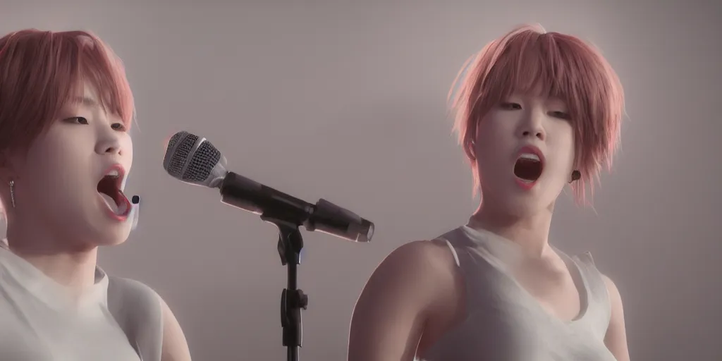 Image similar to Park Jimin singing on stage. photorealism, UHD, amazing depth, glowing, golden ratio, 3D octane cycle unreal engine 5, volumetric lighting, cinematic lighting, cgstation artstation concept art