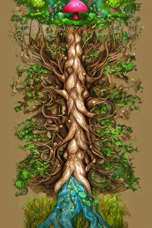 Image similar to a beautiful digital illustration painting of a detailed fantasy tree trunk and roots, mushroom, flowers by benoit b. mandelbrot, jeremiah ketner 8 k resolution trending on artstation concept art digital illustration