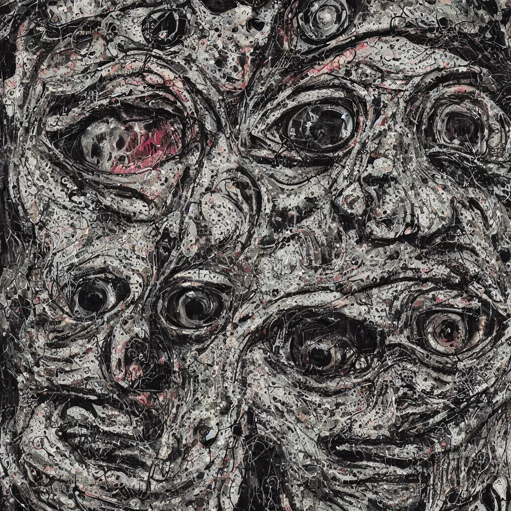 Image similar to camo made of eyes, technical, acrylic, teeth, eerie, tribal, clay, dotting, lines, stipple, points, cybernetic, style of old painting, francis bacon art, rei kawakubo art, hypnosis, eerie, terror, oil, neon, black and white background, splotches, colorful dots, ominous, terror, teeth, smiles