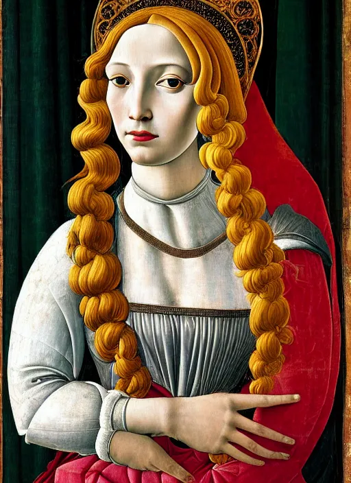 Image similar to portrait of young woman in renaissance dress and renaissance headdress, art by sandro botticelli