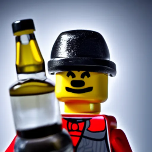 Image similar to !dream macro photo of angry man lego figure in black sportswear, eight-piece cap on head, holding a vodka bottle, ambient lighting