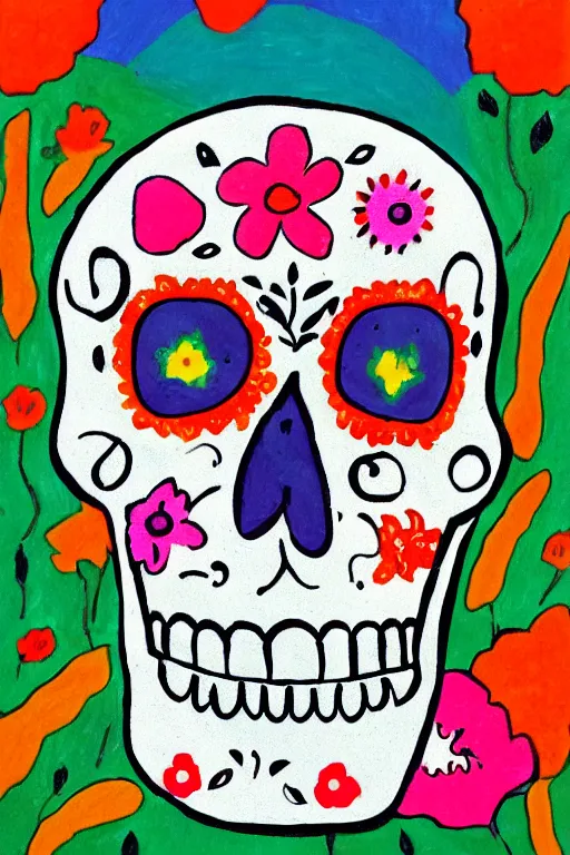 Prompt: Illustration of a sugar skull day of the dead girl, art by Etel Adnan