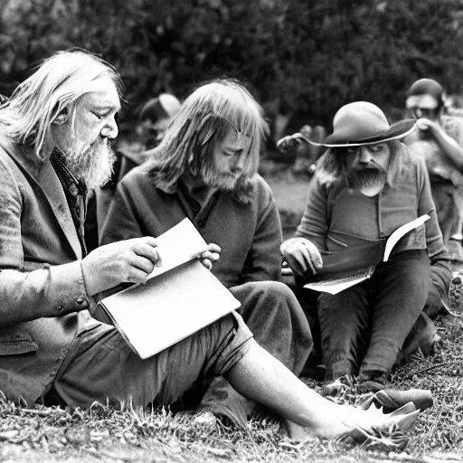 Image similar to robert wyatt sitting on the ground, reading a book to some goblins, artwork