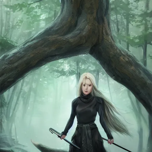 Prompt: epic portrait, An ninja female without her mask, blonde flowing long hair, pretty face, glossy lips, glowing eyes, Blurred forest backround, digital painting, artstation, concept art, soft light, hdri, smooth, sharp focus, illustration, fantasy, intricate, elegant, highly detailed, D&D, matte painting, in the style of Greg Rutkowski and Alphonse Mucha and artemisia, 8k, highly detailed, jurgens, rutkowski, bouguereau, pastoral, rustic, georgic