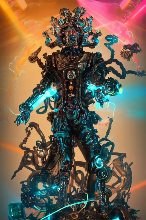 Image similar to full-body rococo and cyberpunk style sculpture of a young handsome Spanish prince half android with a chest exposing circuitry, glowing pink laser eyes, crown of blue gears and diamonds, swirling salmon-colored silk fabric, robotic raptors dinosaurs. baroque elements. full-length view. intricate artwork by caravaggio. Trending on artstation, octane render, cinematic lighting from the right, hyper realism, octane render, 8k, depth of field, 3D