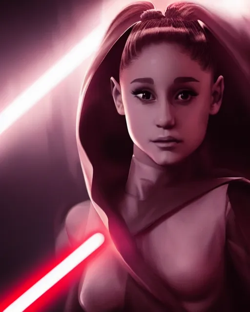 Image similar to Award winning photo of Ariana Grande as a sith lord, Star Wars concept art by Colin Cantwell, Sith Lord. Dramatic Lighting, Cinematic Lighting, Artstation, volumetric fog, action photography, hyper-realistic, 8K resolution, 4K resolution