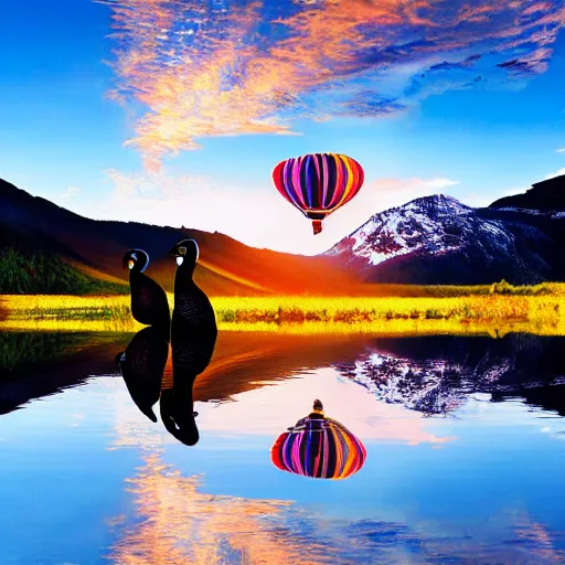 Image similar to photo of two black swans touching heads in a beautiful reflective mountain lake, a colorful hot air balloon is flying above reflecting off water, hot air balloon, intricate, 8k highly professionally detailed, centered, HDR, CGsociety