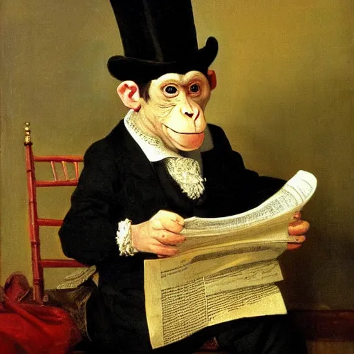 Prompt: dapper monkey in a black formal suit, top hat, and red tie reading a newspaper in a quiet cafe, oil on canvas in the style of Rembrandt, highly detailed, intricate, realistic,