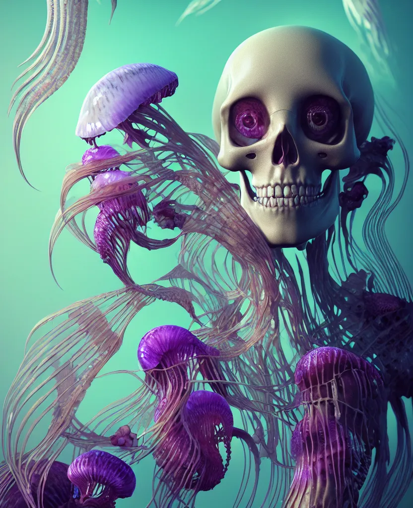 Image similar to goddess close - up portrait human skeleton, ram skull, jellyfish, orchid, betta fish, bioluminiscent, intricate artwork by tooth wu and wlop and beeple. octane render, trending on artstation, greg rutkowski very coherent symmetrical artwork. cinematic, hyper realism, high detail, octane render, 8 k