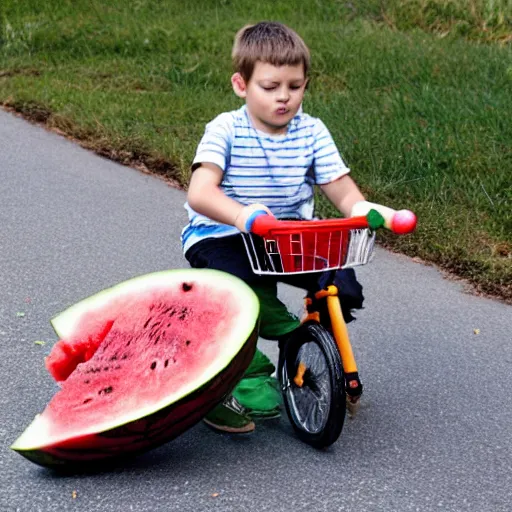 Image similar to a tricycle carrying watermelon, the boy fell asleep in the car, summer