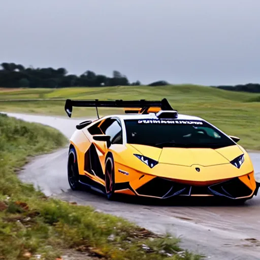 Image similar to lamborghini Countache rallycar sliding through a dirt road at high speed