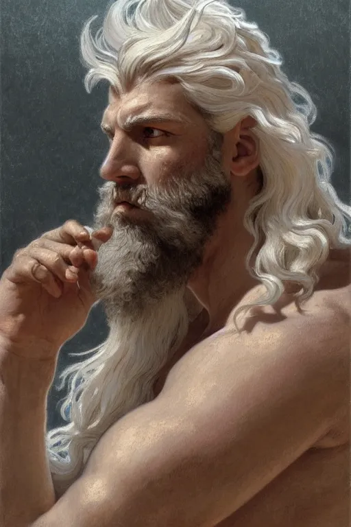 Image similar to painted portrait of rugged zeus, god of thunder, greek god, white hair, masculine, powerful, handsome, opulent, upper body, white robe, muscular, hairy torso, fantasy, intricate, elegant, highly detailed, digital painting, artstation, concept art, smooth, sharp focus, illustration, art by gaston bussiere and alphonse mucha