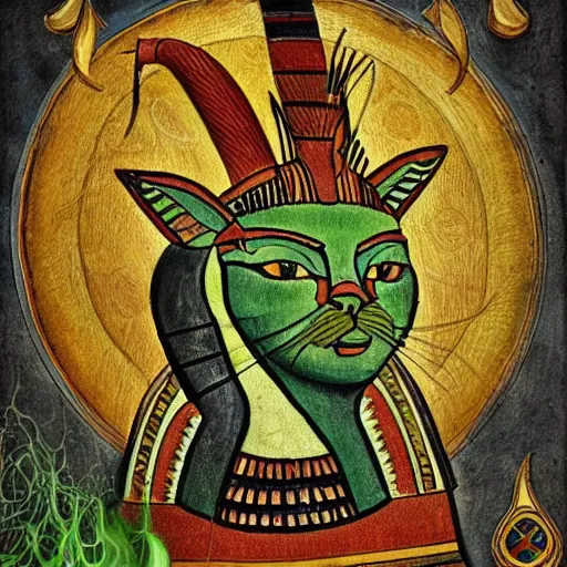Prompt: egyptian cat god in the style of bosch, surrounded by green flames, gatekeeper of the underworld