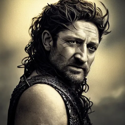 Image similar to attractive middle aged celtic king, looks like gerard butler, grey streak in black hair, silver crown, detailed clear skin, portrait, full body, dark atmosphere, faded colours, soft tones, painted by Jean-Honore Fragonard, Wes Anderdon lut, 8k octane engine, dramatic lighting, 8k, cinematic lighting, photography