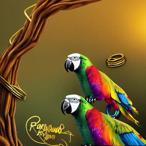 Prompt: parrots wearing golden rings and necklaces, with rap cap on head, rapping and sitting on golden trees, rap scene, musical concert concept art, trending on artstation, highly detailed, digital art, 8 k