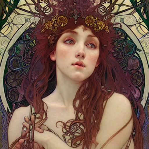 Prompt: realistic detailed face portrait of a beautiful young Celtic Queen by Alphonse Mucha, Ayami Kojima, Amano, Charlie Bowater, Karol Bak, Greg Hildebrandt, Jean Delville, and Mark Brooks, Art Nouveau, Neo-Gothic, gothic, rich deep moody colors
