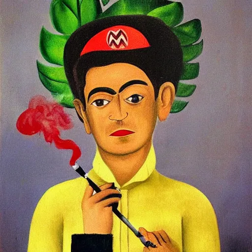 Image similar to mario smoking a cigarette painted by frida khalo