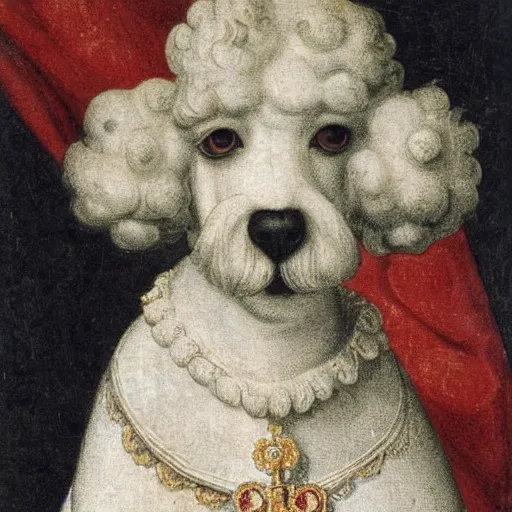 Image similar to portrait of a white poodle as an italian noblewoman, italo - byzantine era 9 0 0 ce